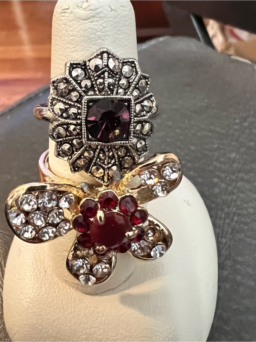 Gold-Tone Floral Ring with Red Gem Cluster and garnet ring.